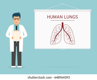 Doctor with medical clipboard in hands. Human lungs on projection screen. Doctor on presentation. Handsome young doctor in glasses. Vector