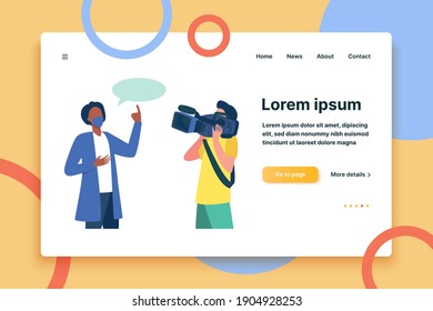 Doctor in medical coat and mask speaking at camera. Scientist, operator, cameraman flat vector illustration. Broadcasting, interview, covid concept for banner, website design or landing web page