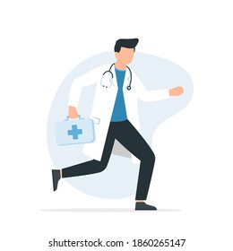 Doctor medical emergency hurrying to help the patient. Ambulance concept. Doctor running to help. Vector illustration. Isolated on white background.