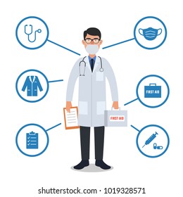 Doctor with medical equipment. Stethoscope, first aid box, injection, mask