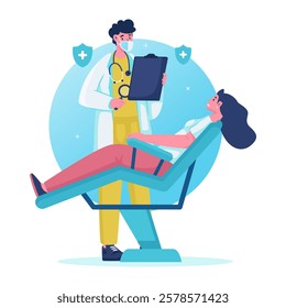 Doctor medical examination, Doctor checking patient report, Vector illustration