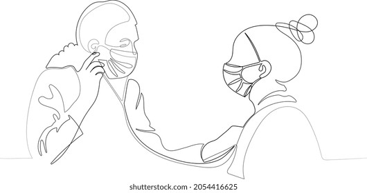 Doctor in medical facemask hold stethoscope listen to elderly patient heart in hospital. Woman GP or physician do regular checkup examine mature client at consultation in clinic. Vector illustration