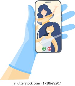 Un médico con guantes médicos llama a la familia. Mamá e hija durante una epidemia pueden comunicarse con su padre sólo a través de la comunicación en video. Ilustración vectorial plana. El gadget del médico"