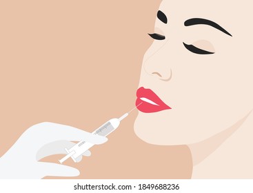 Doctor in medical gloves with serum syringe injects filler and botox to lip of woman  vector illustration. Plastic, aesthetic cosmetology beauty treatment concept 