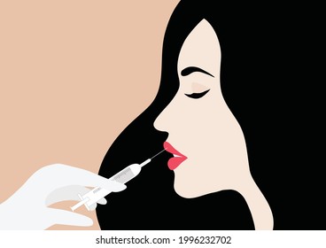 Doctor in medical gloves with serum syringe injects filler and botox to lip of woman vector illustration. Plastic, aesthetic cosmetology beauty treatment concept