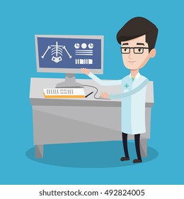 Doctor in medical gown examining a radiograph. Doctor looking at a chest radiograph on computer screen. Doctor observing a skeleton radiograph. Vector flat design illustration. Square layout.