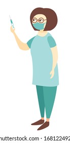 Doctor in Medical Gown. Female Doctor in Medical outfit in the hospital. Medical doctor woman holds syringe. Social Worker Care. Flat Vector Illustration