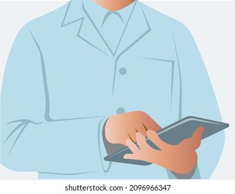 A doctor in a medical gown holds a patients card in his hands. Healthcare and medical care. Vector illustration on a white background.