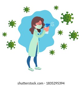 A doctor in a medical gown and a mask with a sanitizer, sprays the virus with an antiseptic. Concept Treatment against viruses, fighting against colds and viruses
