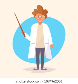  Doctor in a medical gown. Pointer 
Vector. Cartoon. Isolated art on white background. Flat