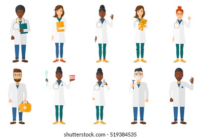 Doctor in medical gown showing ok sign. Happy doctor gesturing ok sign. Doctor with ok sign gesture. Doctor holding first aid kit. Set of vector flat design illustrations isolated on white background.