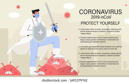 Médico o profesional sanitario con espada y escudo luchando contra la pandemia del coronavirus o el brote del coronavirus 2019 COVID-19. Informar a la gente sobre medidas de autoprotección, prevención.