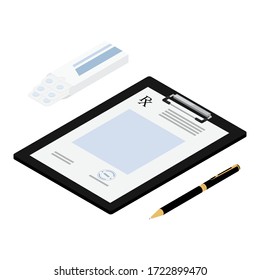 Doctor medical and healthcare concept. Rx prescription form, blister with pills and pen. Vector. Isometric view