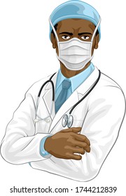 A doctor medical healthcare professional.  With arms folded and serious but caring look. Revealed as a superhero by the shape of his shadow. Wearing PPE including face mask. 