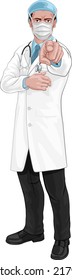 A doctor medical healthcare professional character pointing at the viewer in a wants or needs you gesture with serious but caring look. Wearing PPE protective face mask. 