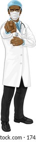 A doctor medical healthcare professional. Pointing at the viewer in a needs or wants you gesture with serious but caring look. Wearing PPE including face mask. 