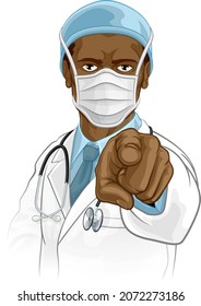 A doctor medical healthcare professional. Pointing at the viewer in a needs or wants you gesture with serious but caring look. Wearing PPE including face mask. 