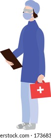 Doctor with medical history and first aid kit. Work in the hospital with injured people. Vector icon.