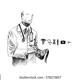 Doctor With Medical Icon, Hand Drawn Sketch Vector Background. 