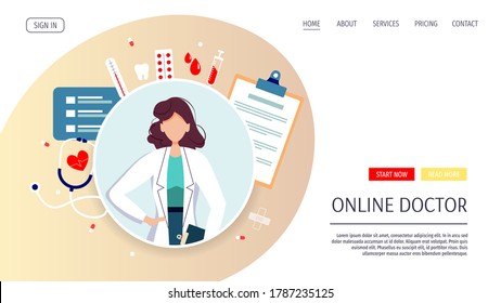 Doctor and medical items. Medical consultation, Online doctor, Medicine clinic, Hospital and health care concept. Vector illustration for poster, banner, website, commercial.