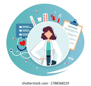 Doctor and medical items. Medical consultation, Online doctor, Medicine clinic, Hospital and health care concept. Isolated vector illustration for poster, banner, cover, commercial.