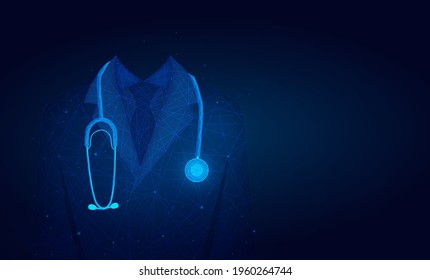 doctor in medical lab coat with a stethoscope.Doctor in hospital background with copy space. low poly wireframe.