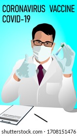 A doctor in a medical mask and blue gloves holds a test tube with a vaccine against the blue virus. Coronavirus vaccine COVID-19. Stock vector illustration.