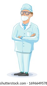 Doctor in a medical mask, a medical cap and glasses. An elderly doctor folded his arms over his chest. Vector illustration