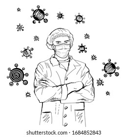 Doctor in a medical mask, and a coat. Flying viruses and coronaviruses above the head. Medical staff. Isolated illustration on a white background. Hand drawn line vector sloppy sketch.