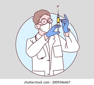 Doctor in a medical mask fills a syringe the with a COVID-19 vaccine.  Hand drawn in thin line style, vector illustrations. (A Mask can be removable)