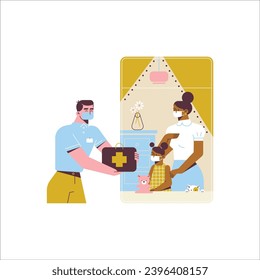 Doctor in medical mask giving first aid kit to sick woman. Flat vector illustration.
