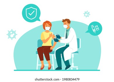 Doctor with medical mask giving a vaccination to a woman. Covid-19, Coronavirus vaccination concept.