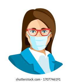 Doctor in medical mask and glasses. Female medical worker. Editable Vector illustration isolated on white background. Used in the template for medicine web banner or in polygraphy.