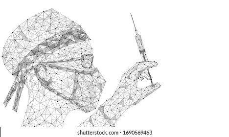 A doctor in a medical mask and glasses with a syringe in his hand. Provide medical care. Low-poly design.