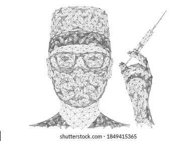 A doctor in a medical mask and glasses with a syringe in his hand. Low-poly design of interlocking lines and dots.