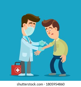 The doctor in medical mask and gloves vaccinate a patient from viral diseases. Vaccination against flu, coronavirus. Medical vector illustration, flat design, cartoon style, isolated background.