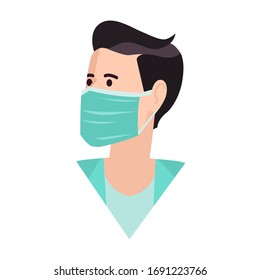 Doctor in medical mask. Healthy man in medical protection mask. Caring for health at flu epidemic time. Surgeon user picture vector illustration, flat design, cartoon style. character icon, avatar