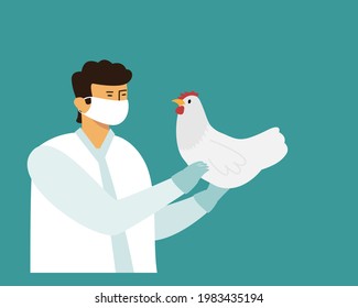 Doctor in medical mask hold chicken in his hands