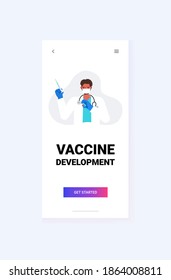 doctor in medical mask holding syringe and bottle vial coronavirus vaccine development fight against covid-19 concept vertical portrait vector illustration