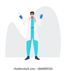 doctor in medical mask holding syringe and bottle vial coronavirus vaccine development fight against covid-19 concept full length vector illustration