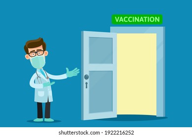 A doctor with a medical mask invites to his office for a vaccination against the virus. Vaccination against Covid 19. Vector illustration, flat design, cartoon style, isolated background.