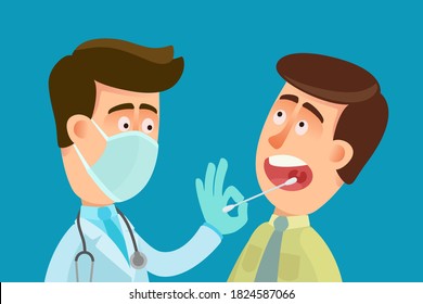 The doctor with medical mask on face and gloves stuck a cotton swab into the patient's throat to take samples. Covid 19 virus testing. Vector illustration, flat design, cartoon style, isolated.