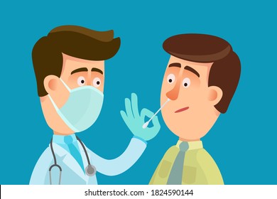 Doctor with medical mask on face and gloves stuck a cotton swab into the patient's nose to take samples. Covid 19 humans testing. Vector illustration, flat design, cartoon style, isolated background.