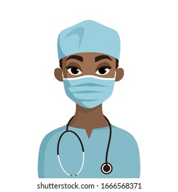 Doctor in a medical mask. Сartoon portrait of a surgeon with a stethoscope. Coronavirus covid-19 outbreak. Vector flat illustration