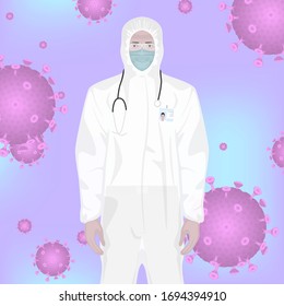 Doctor in a medical mask, protective suit and glasses. Illustration of a medical worker in a medical mask and glasses for protection against viruses.