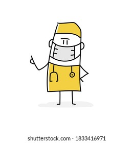 Doctor in medical mask shows attention sign with hand. Hand drawn vector illustration.