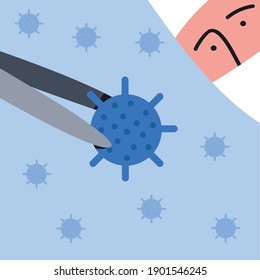 Doctor in a medical mask stands and holds a coronavirus bacterium in forceps. Flat vector illustration.