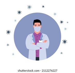 doctor in a medical mask stands surrounded by bacilli and viruses, protection against coronavirus illustration