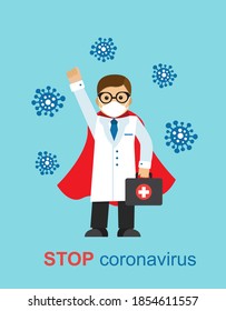 doctor in medical mask and superhero cloak rescues people and fights the virus