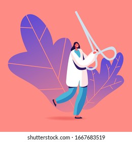 Doctor, Medical Nurse Carry Huge Surgical Clamp for Conducting Appendicitis Surgery in Hospital. Medic Character Professional Occupation, Treatment and Diseased People Aid. Cartoon Vector Illustration